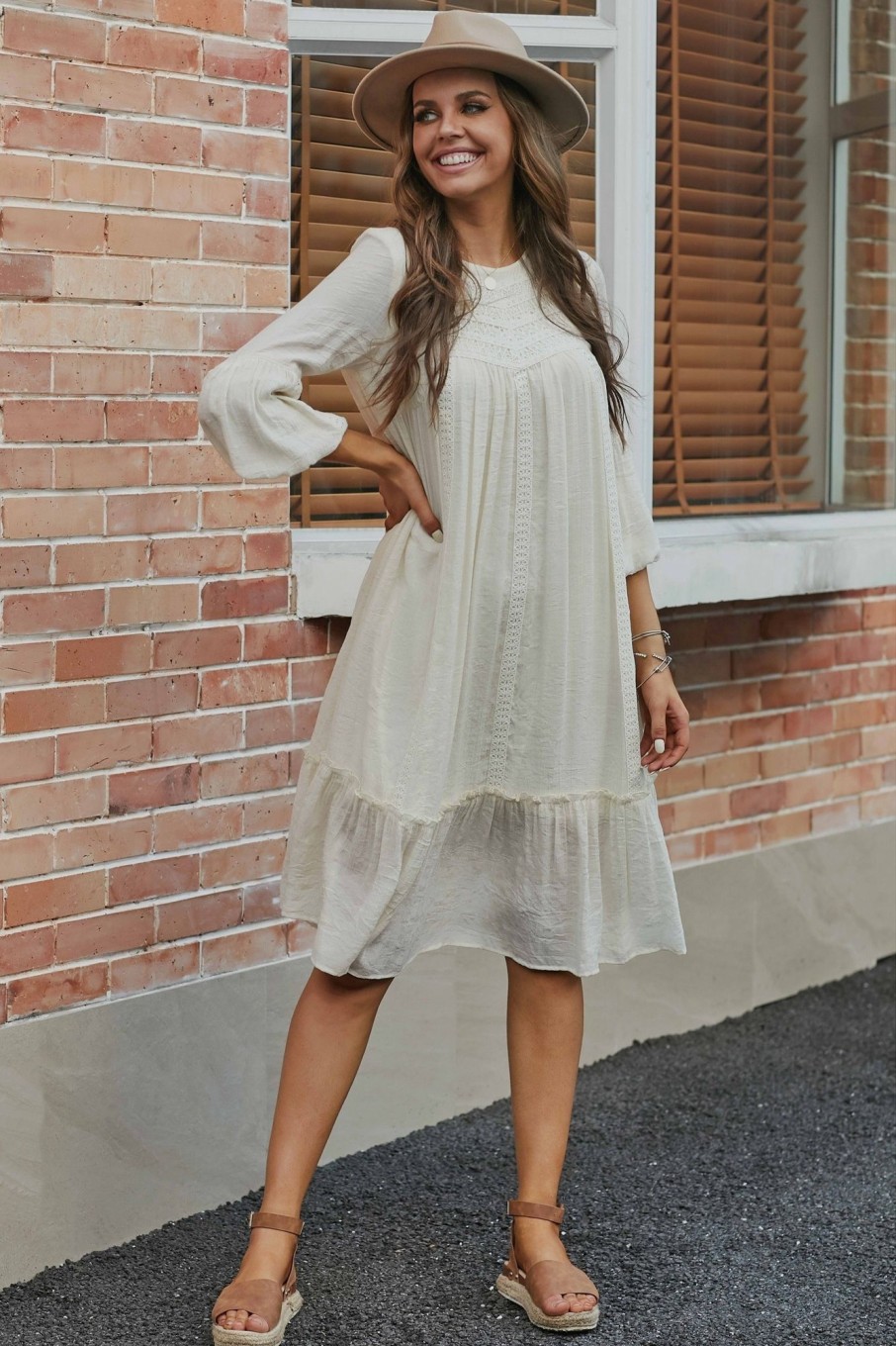 Best 3/4 Sleeve Round Neck Rayon Lace Midi Dress Ivory