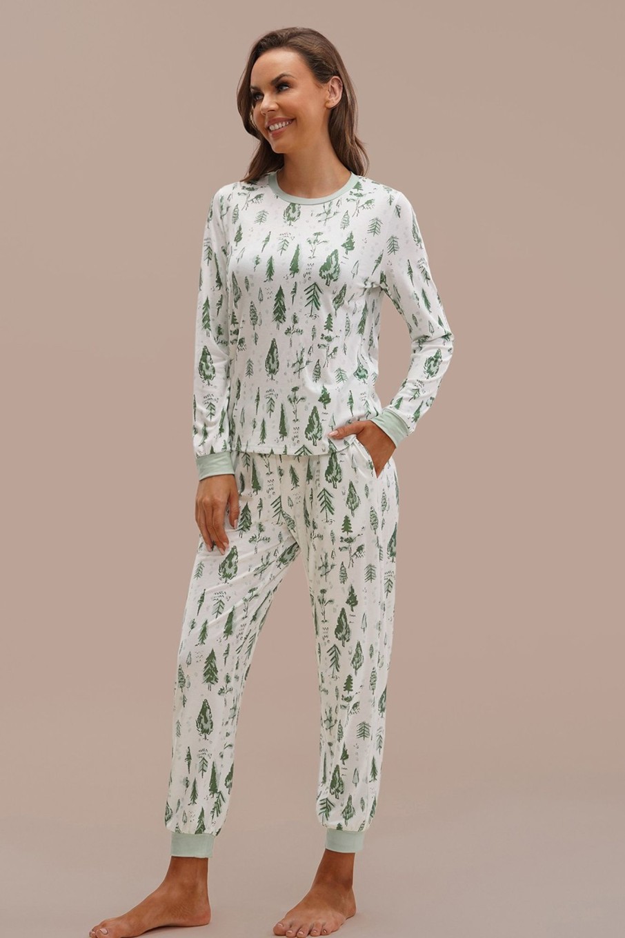 Best Casual Pine Forest Print Long Sleeve Round Neck Pj Set Green