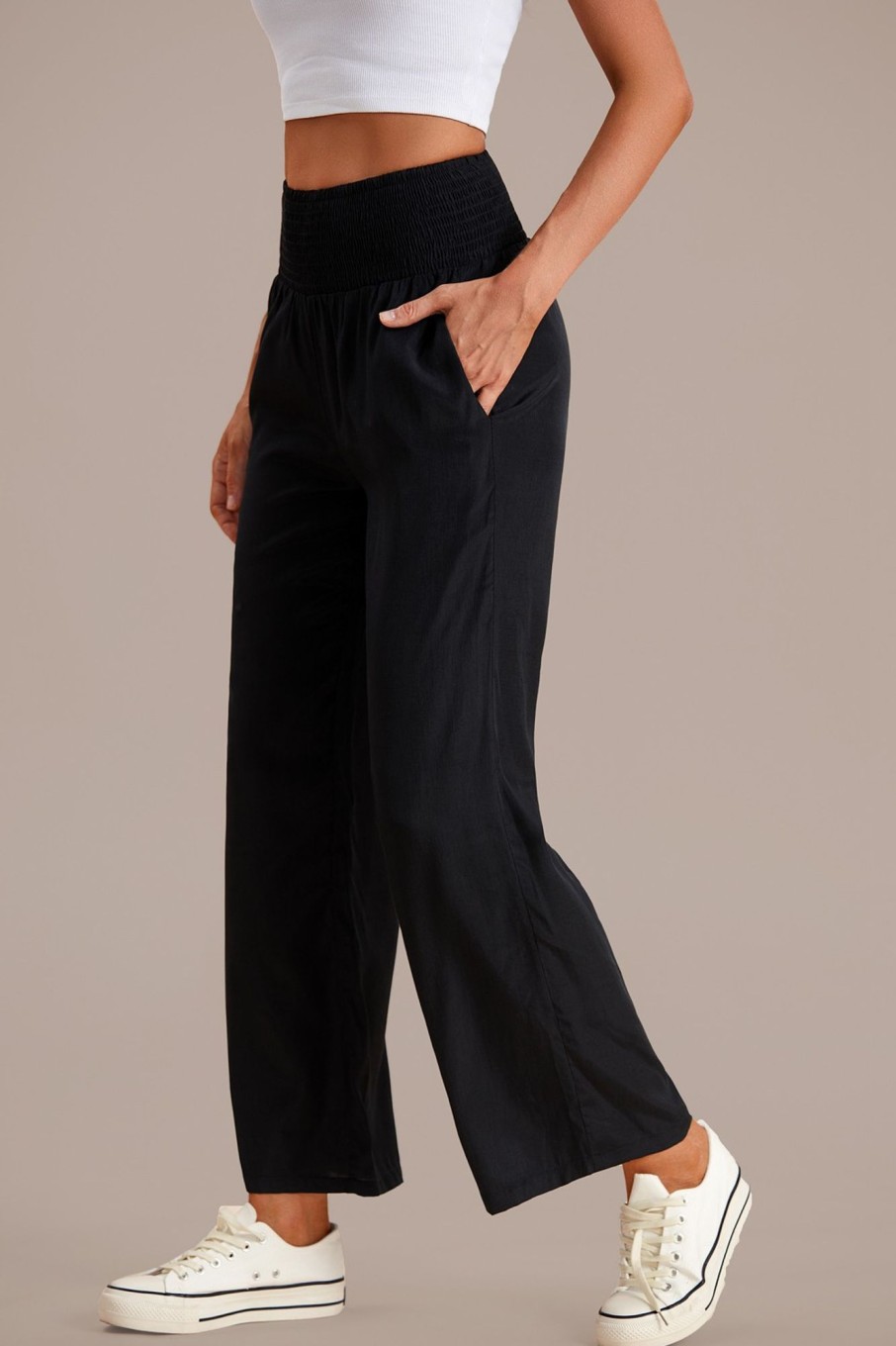 Wholesale Elastic Waist Wide Leg Pants Black