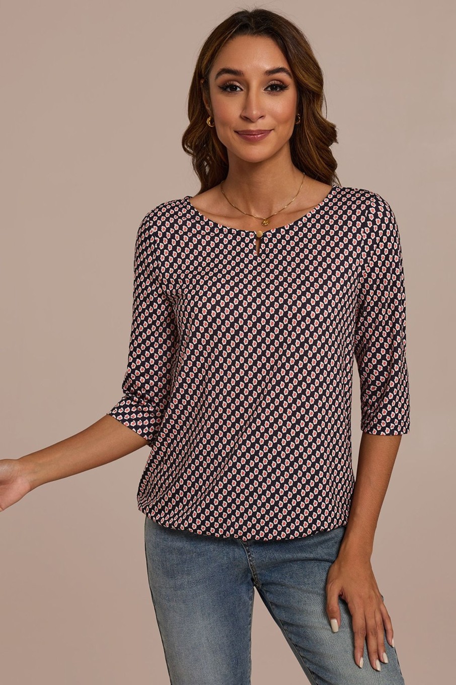 New Printed 3/4 Length Sleeve Round Neck Top Multi