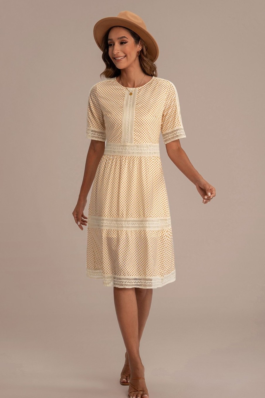 Best Short Sleeve Round Neck Midi Dress Ivory