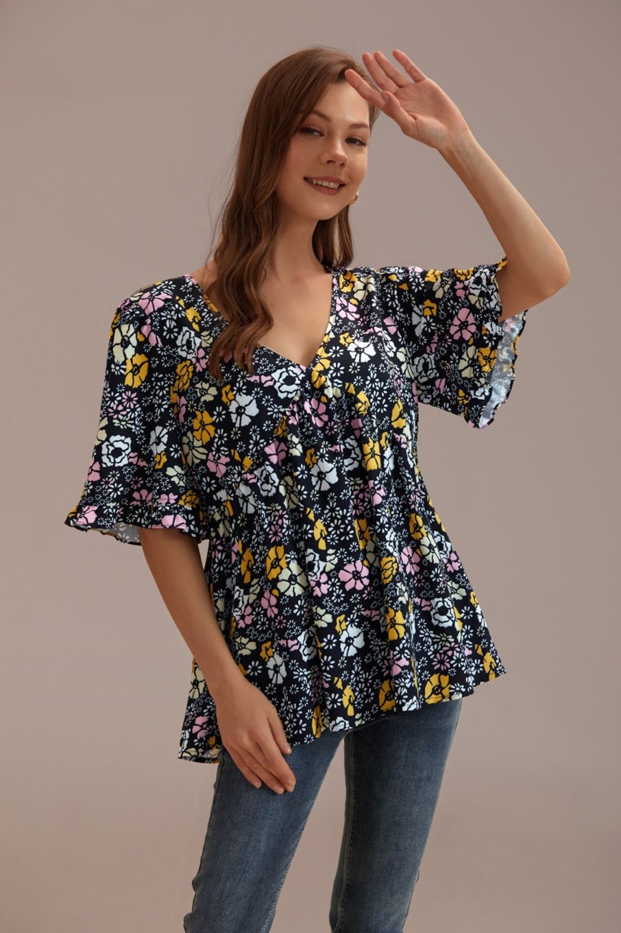 Clearance Color Floral Loose Half Sleeve V Neck Top Multi