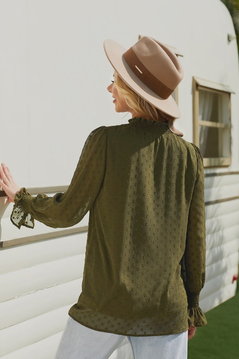 Best Long Sleeve High Neck Blouse Dark Green