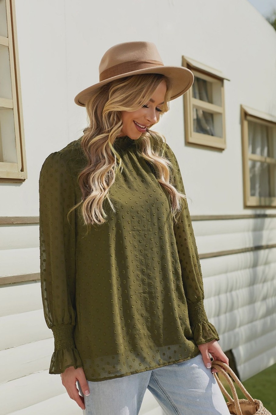 Best Long Sleeve High Neck Blouse Dark Green