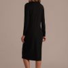 Online Long Sleeve V Neck Buttons Midi Dress Black