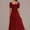 Online Short Puff Sleeve Round Neck Smocked Tie Midi Dress Red