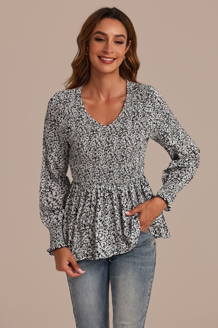 Wholesale V Neck Long Sleeve Smocked Blouse Black Floral