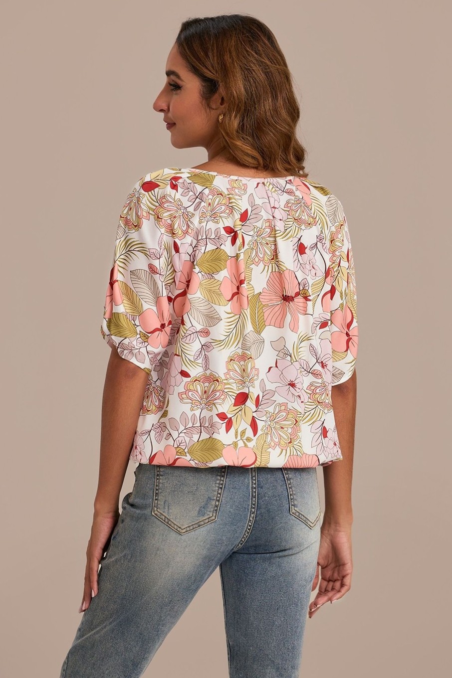 Wholesale Floral Short Sleeve Pleated Neck Bubble Hem Blouse Multi