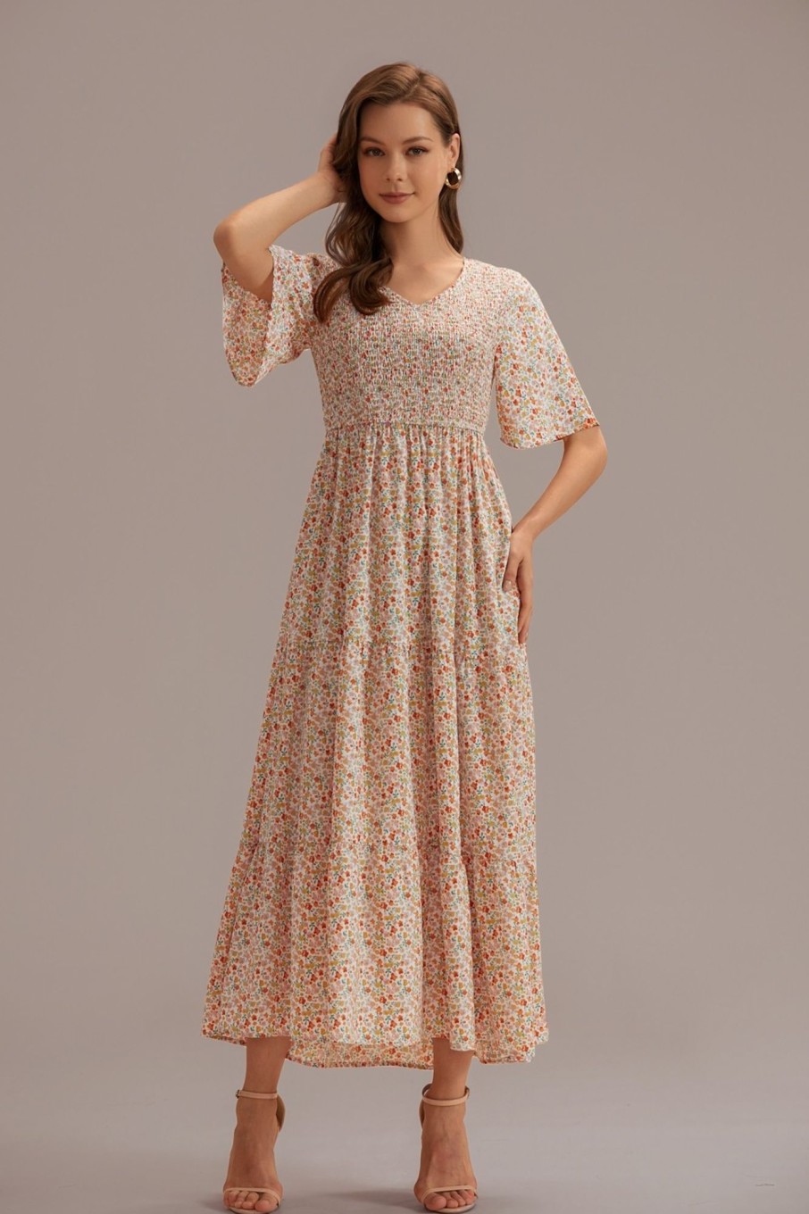 Hot Floral Short Sleeve V Neck Smocked Midi Dress With Pockets Multi