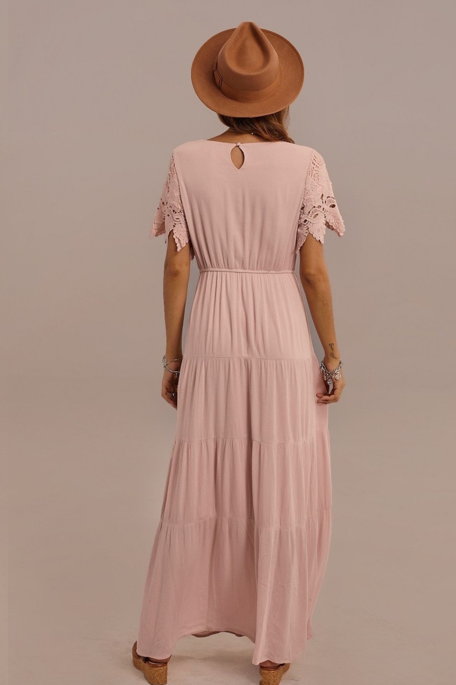 Online Short Sleeve Round Neck Elastic Waist Maxi Dress