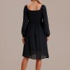 Wholesale Long Sleeve Square Neck Smocked Midi Dress Black