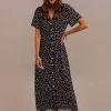 Clearance Short Sleeve V Neck Natural Ruffle Maxi Dress Navy