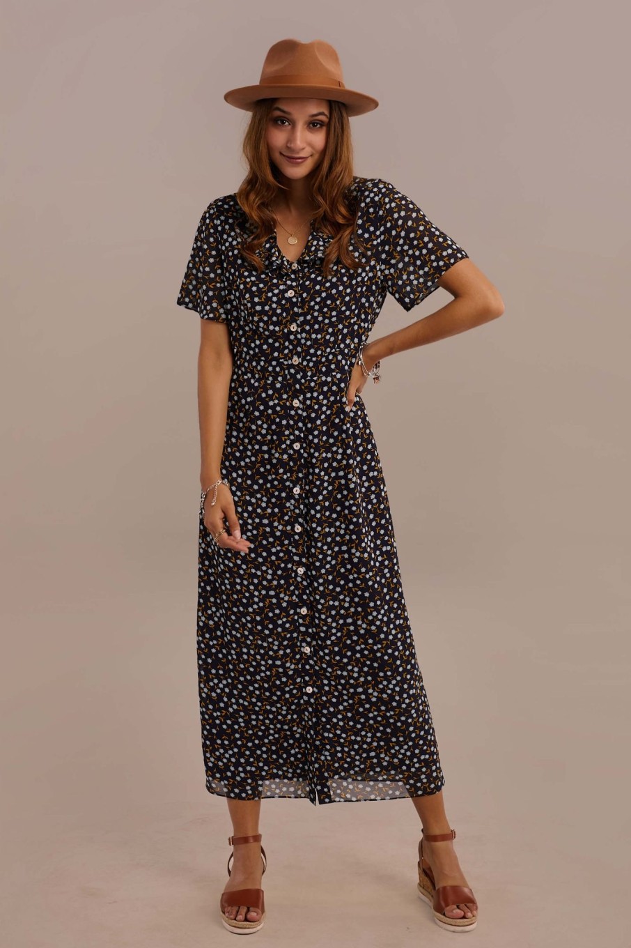 Clearance Short Sleeve V Neck Natural Ruffle Maxi Dress Navy