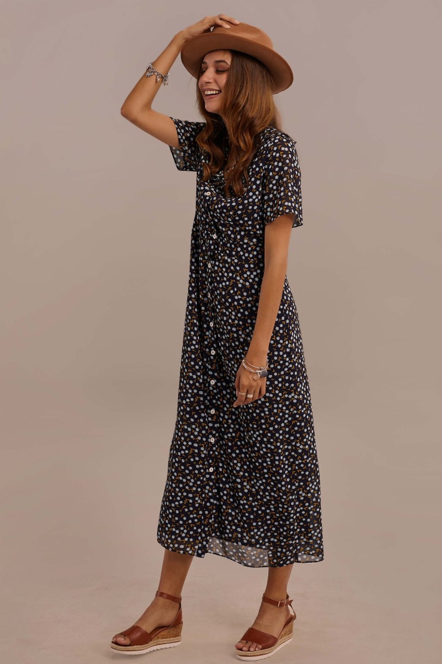 Clearance Short Sleeve V Neck Natural Ruffle Maxi Dress Navy