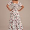 New Floral Short Sleeve Square Neck Smocked Midi Dress White