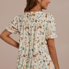 Clearance Short Puff Sleeve Round Neck Blouse Floral