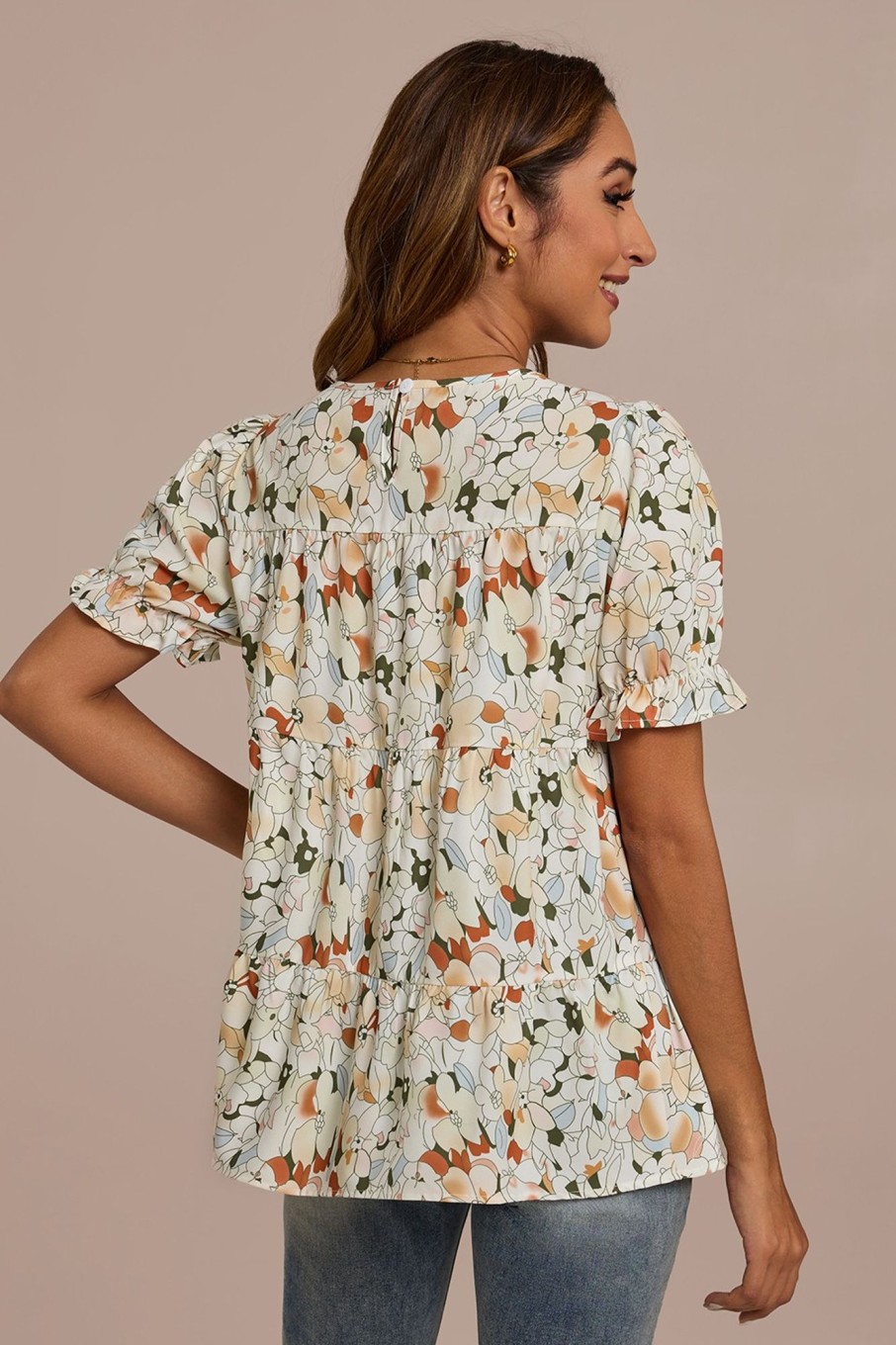 Clearance Short Puff Sleeve Round Neck Blouse Floral