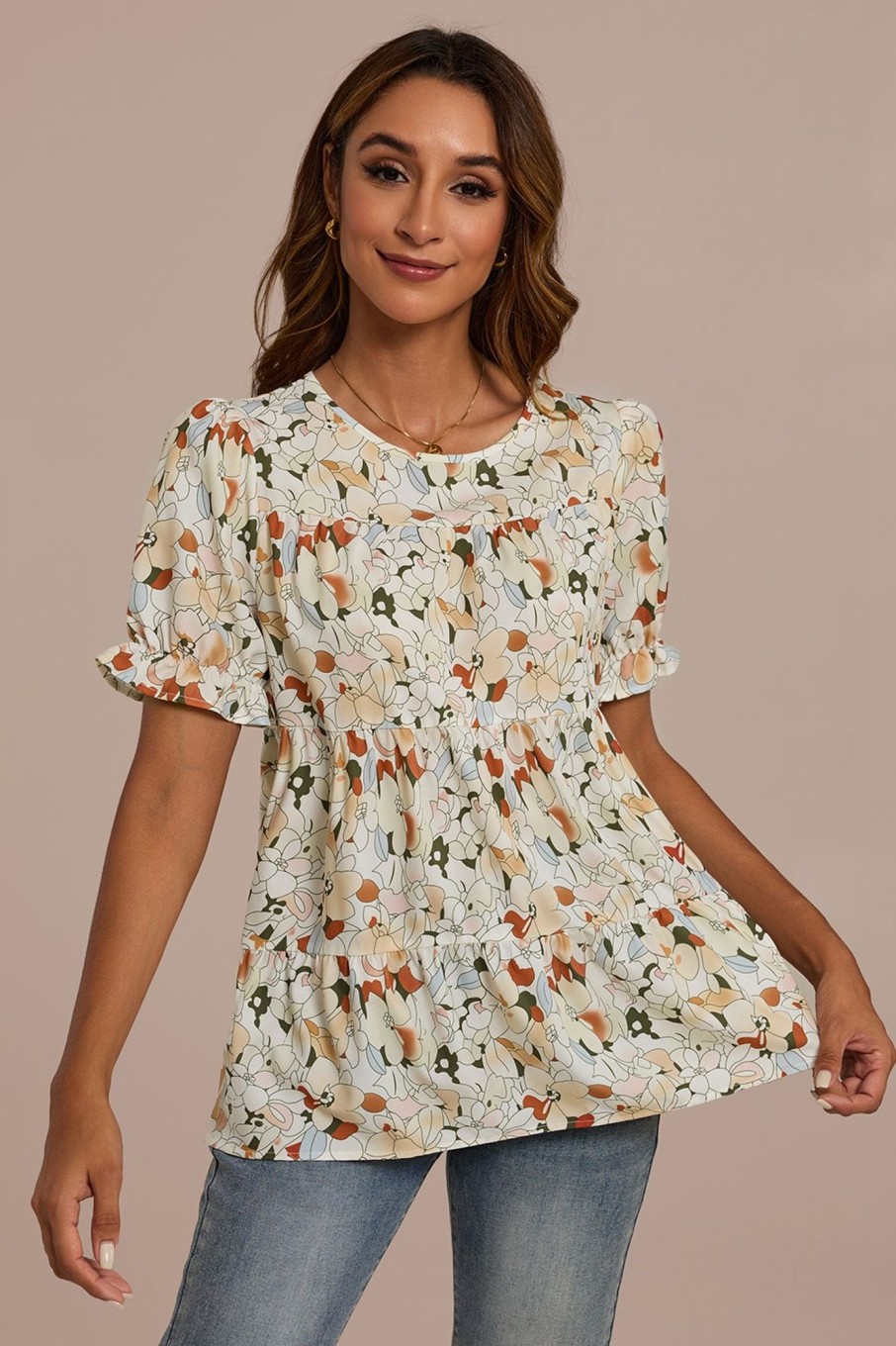 Clearance Short Puff Sleeve Round Neck Blouse Floral