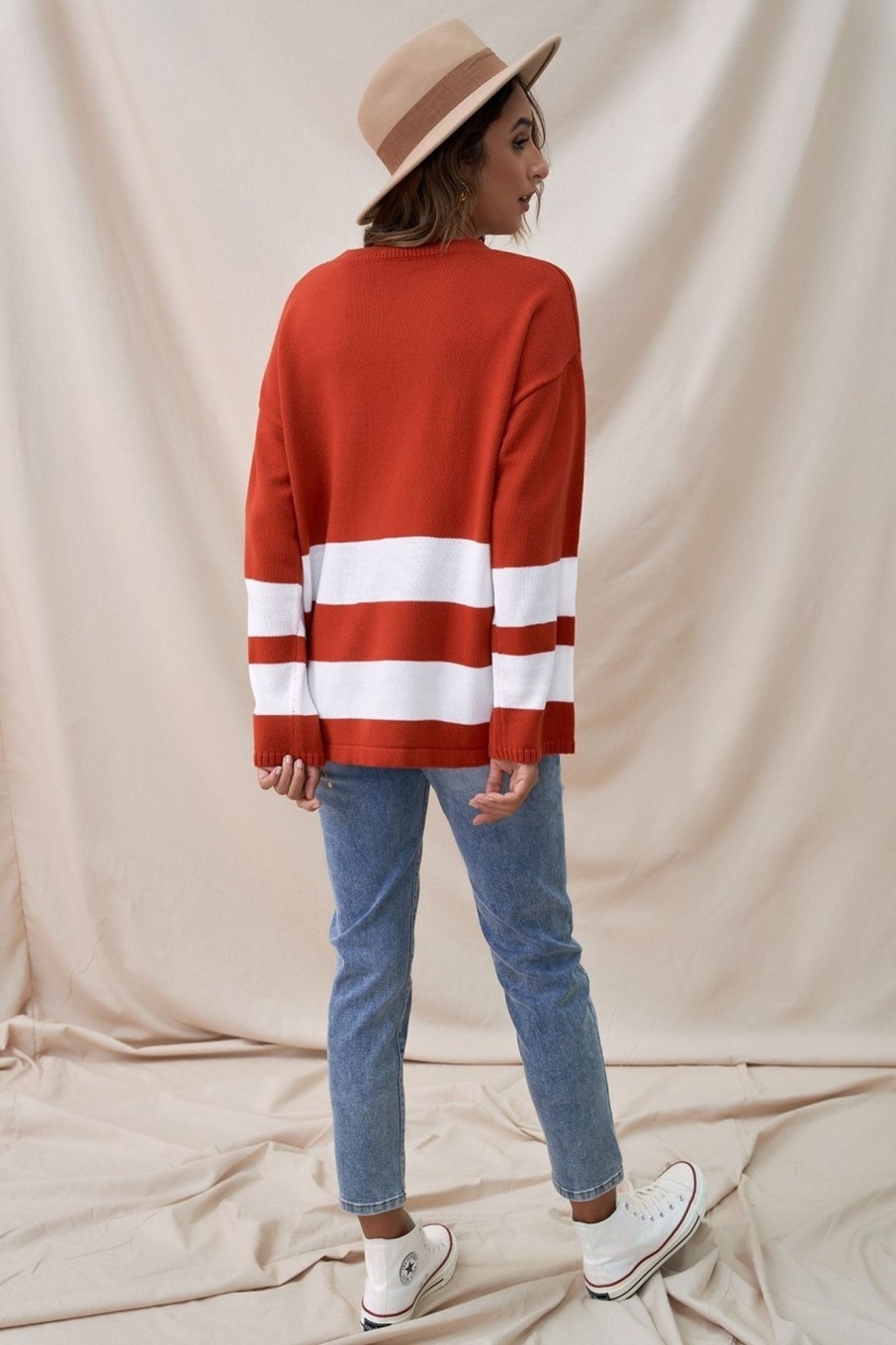 Best Rust Round Neck Loose Casual Block Stripe Sweater As Picture