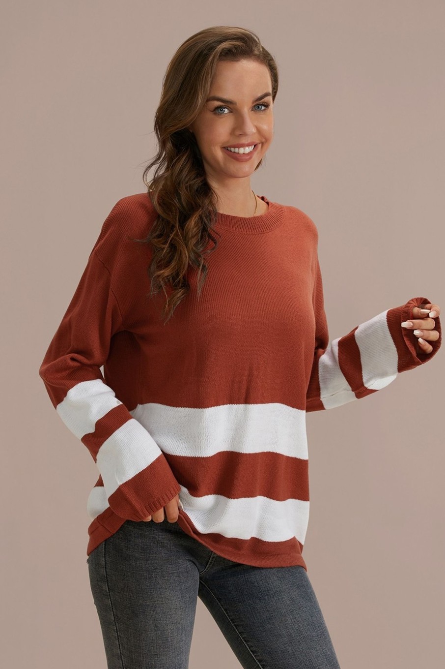 Best Rust Round Neck Loose Casual Block Stripe Sweater As Picture