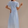 Clearance Stripe Short Sleeve Round Neck Smocked Cotton Midi Dress Blue