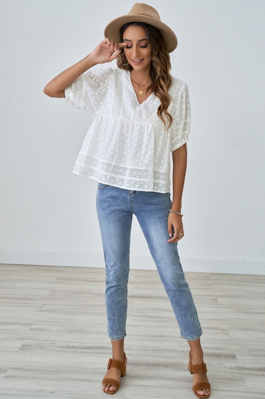 Clearance Cute Polka Dot Ruffle Shirt White