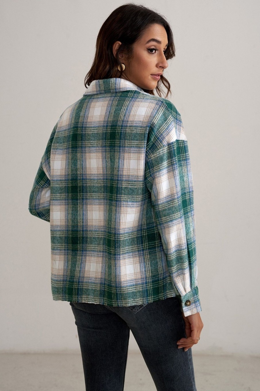 New Green Long Sleeve Classic Neck Pockets Jacket Shacket Plaid