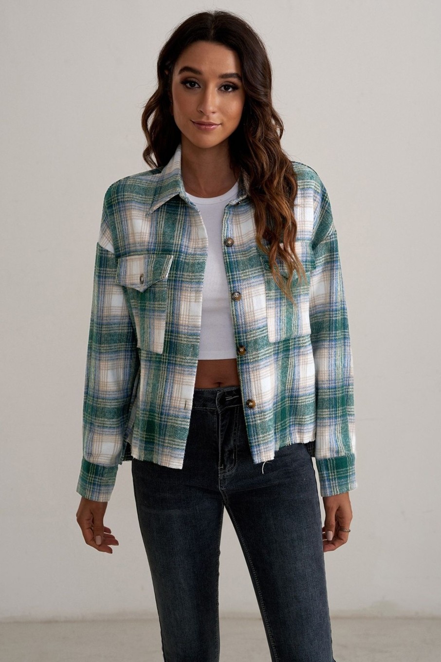 New Green Long Sleeve Classic Neck Pockets Jacket Shacket Plaid