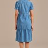 Online Denim Collared Tie Waist Tiered Midi Dress Blue