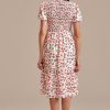 New White Floral Short Sleeve Round Neck Smocked Midi Dress Multi