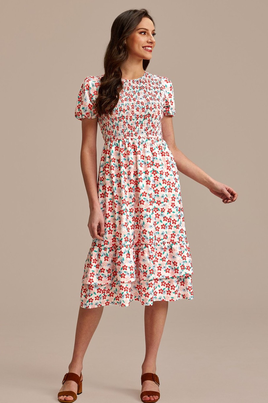 New White Floral Short Sleeve Round Neck Smocked Midi Dress Multi