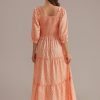 Best Floral Short Puff Sleeve Square Neck Smocked Tiered Midi Dress Orange