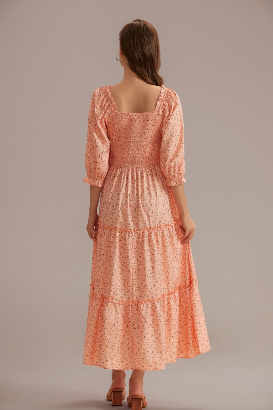 Best Floral Short Puff Sleeve Square Neck Smocked Tiered Midi Dress Orange