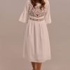 Online 3/4 Length Bell Sleeve Round Neck Cotton Short Summer Dress White