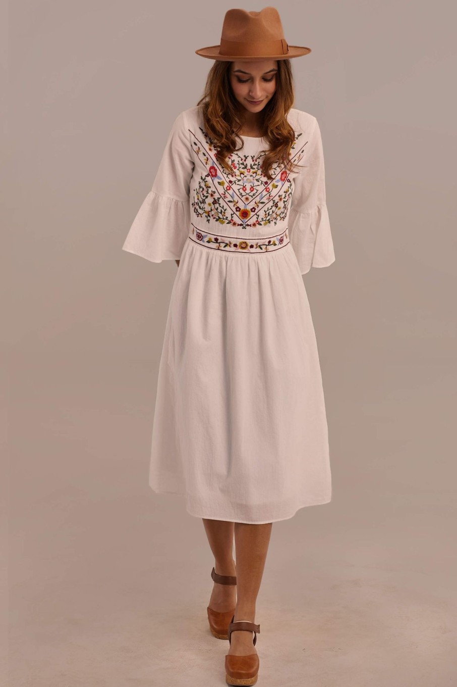 Online 3/4 Length Bell Sleeve Round Neck Cotton Short Summer Dress White