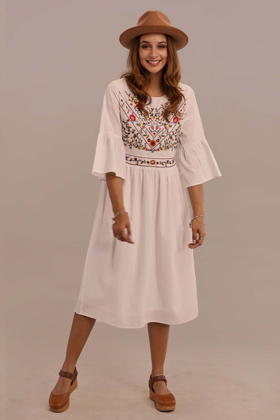 Online 3/4 Length Bell Sleeve Round Neck Cotton Short Summer Dress White