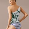 Clearance Y One Shoulder And Stripe High Waist Two Piece Tankini Set Leaf