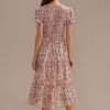 Clearance Floral Short Sleeve Round Neck Smocked Tiered Midi Dress Pink