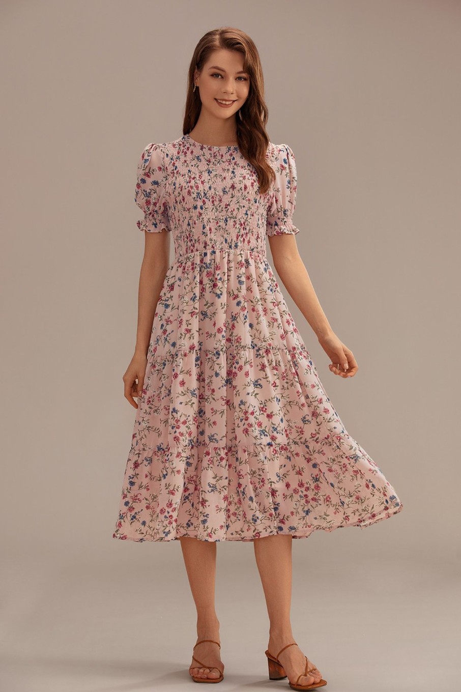 Clearance Floral Short Sleeve Round Neck Smocked Tiered Midi Dress Pink