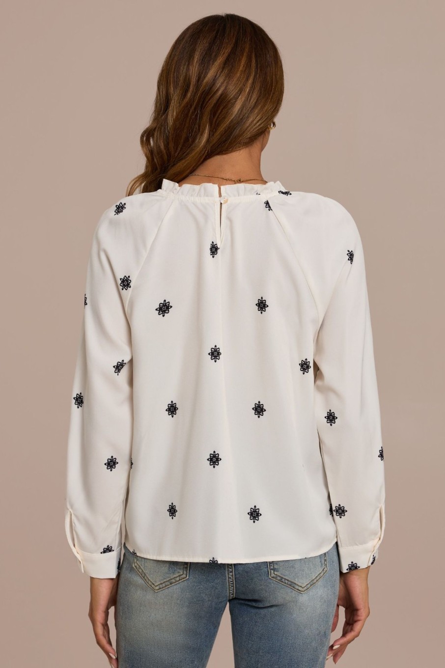 New Print Long Sleeve High Neck Smocked Shirt White