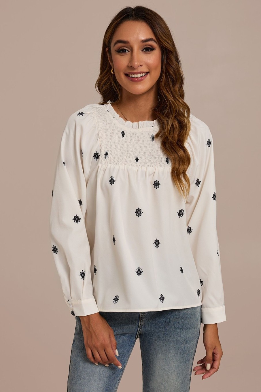 New Print Long Sleeve High Neck Smocked Shirt White