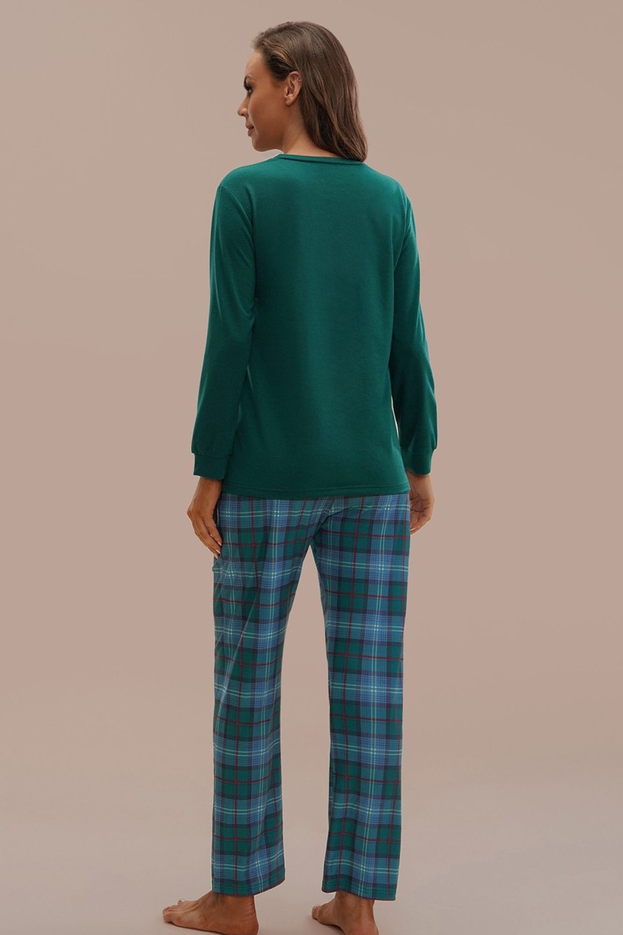 New Plaid Long Sleeve Round Neck Pj Set Green