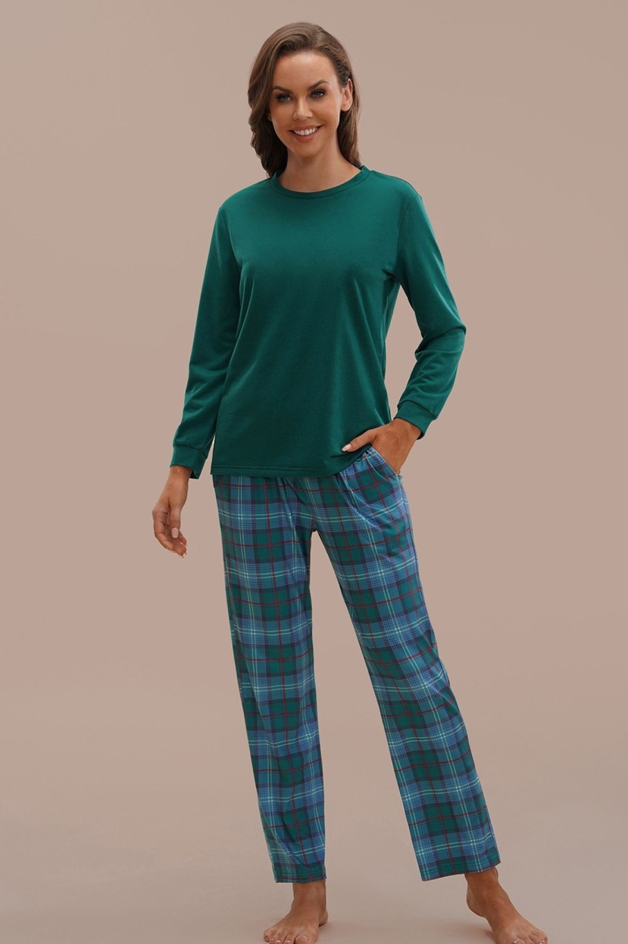 New Plaid Long Sleeve Round Neck Pj Set Green