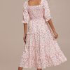 Hot Floral Half Sleeve Square Neck Smocked Tiered Midi Dress Pink