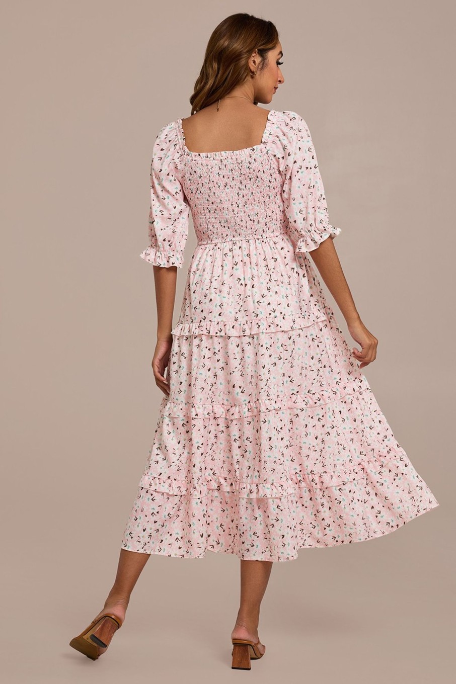 Hot Floral Half Sleeve Square Neck Smocked Tiered Midi Dress Pink