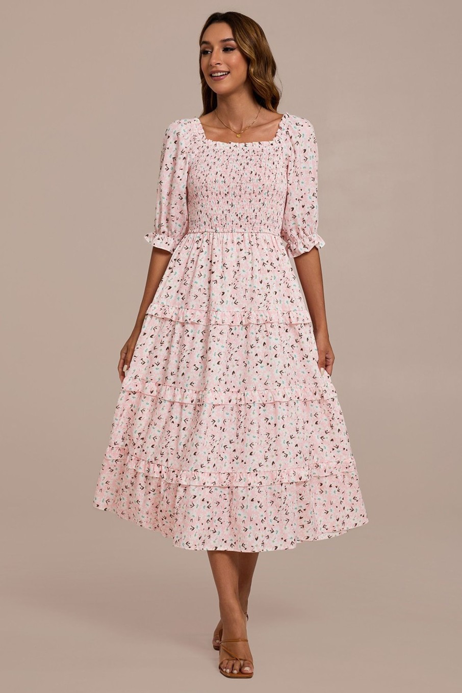 Hot Floral Half Sleeve Square Neck Smocked Tiered Midi Dress Pink