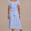 Clearance Short Puff Sleeve Square Neck Cross Tie Up Midi Dress Blue