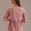 New Floral Print V Neck Half Sleeve Lace Trim Top Multicolor