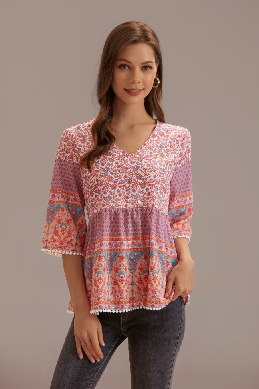 New Floral Print V Neck Half Sleeve Lace Trim Top Multicolor