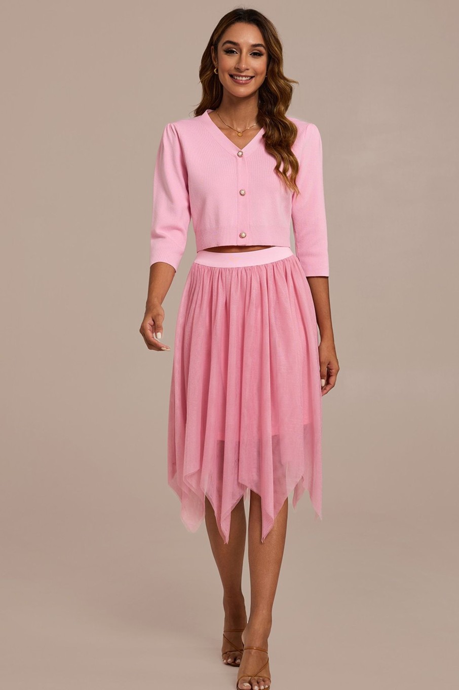 Hot V Neck Button Down Top And Patchwork Dress Suit Pink